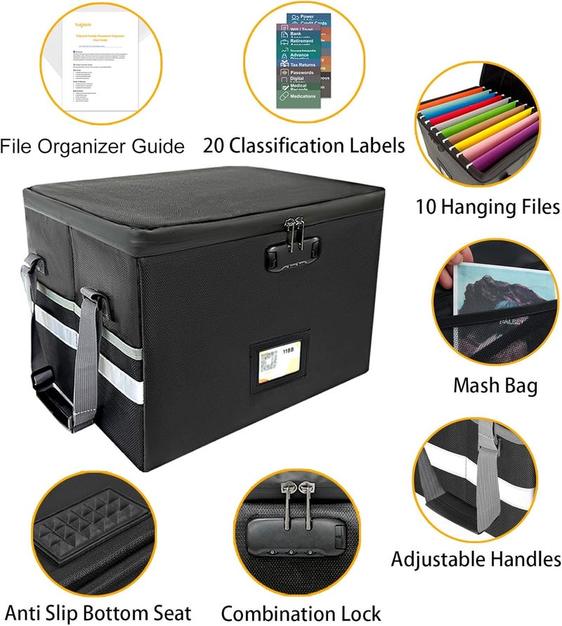 TIDY TECH Large Next of Kin Box Organizer with Smart Labels, Fireproof Foldable File Organizer with Combination Lock, 10 Hanging Files and 20 Category Labels for Label Documents(15.7"L×12.2"W×10.6"H) - Image 4